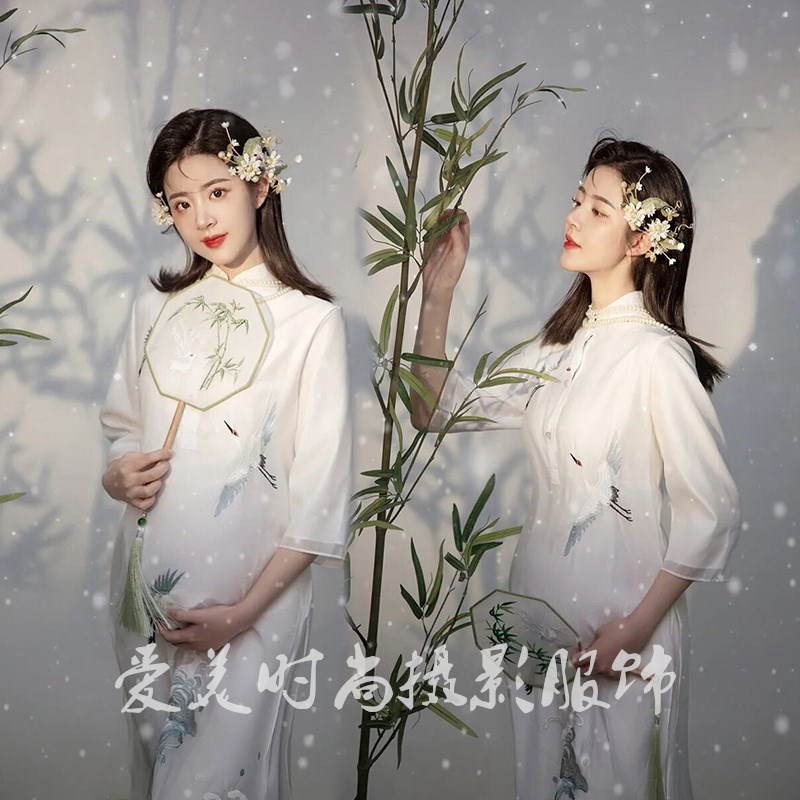 孕妇拍照摄影服装新款影楼复古中国风工笔画旗袍孕妈咪大肚写真服