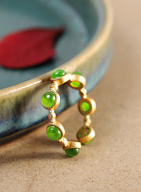 时来运转镀古法金工艺绿碧玉玉髓戒指开口食指保色戒女简约