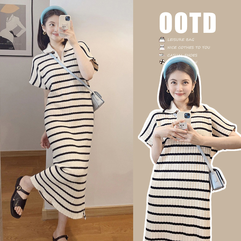 哺乳衣外出辣妈款夏季裙子条纹冰丝针织连衣裙夏装外穿喂奶期衣服