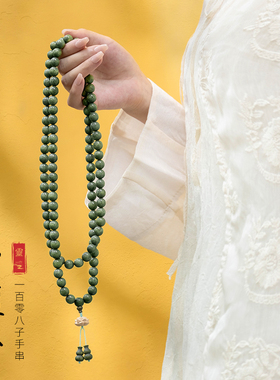 天然绿檀木108颗念珠佛珠手串檀香文玩多圈手串68mm国风手錬男女