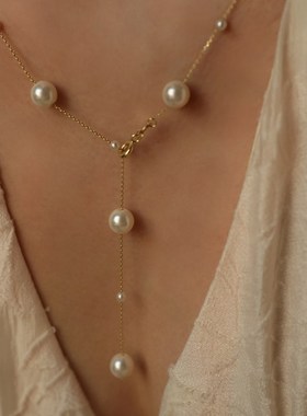 珍珠坠落法式高级感小众复古流苏珍珠Y字设计感项链/锁骨链女
