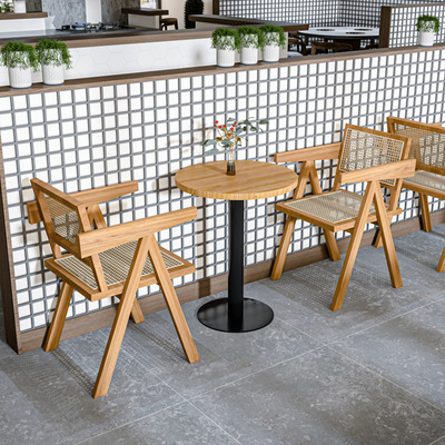 网红奶茶店桌椅组合复古美式咖啡厅餐厅休闲酒吧实木靠墙藤编餐椅