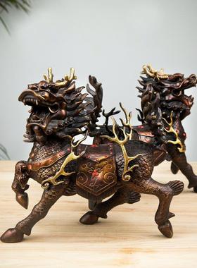 铜麒麟摆件一对大号 火麒麟招财客厅办公室家居饰品玄关工艺摆设