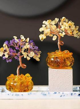 天然黄水晶聚宝盆发财树家居客厅办公室桌面装饰品创意摆件招财树