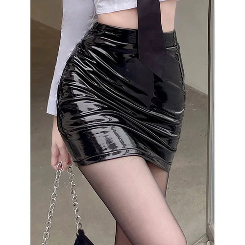 亮面黑色皮裙包臀半身裙女