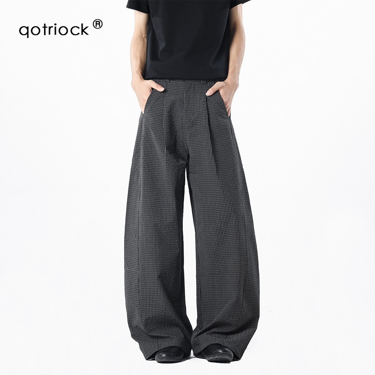 thumbnail for Old money style black plaid pants for men and women, autumn trendy brand draped scimitar wide-leg pants, loose and versatile casual floor-length pants