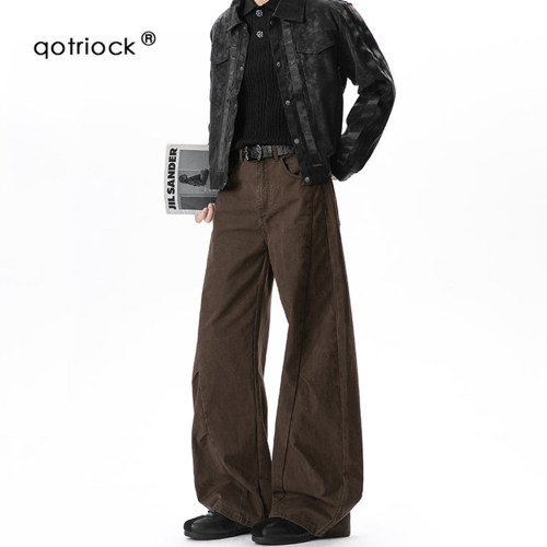 QOTRIOCK咖啡色褶皱弯刀休闲裤男
