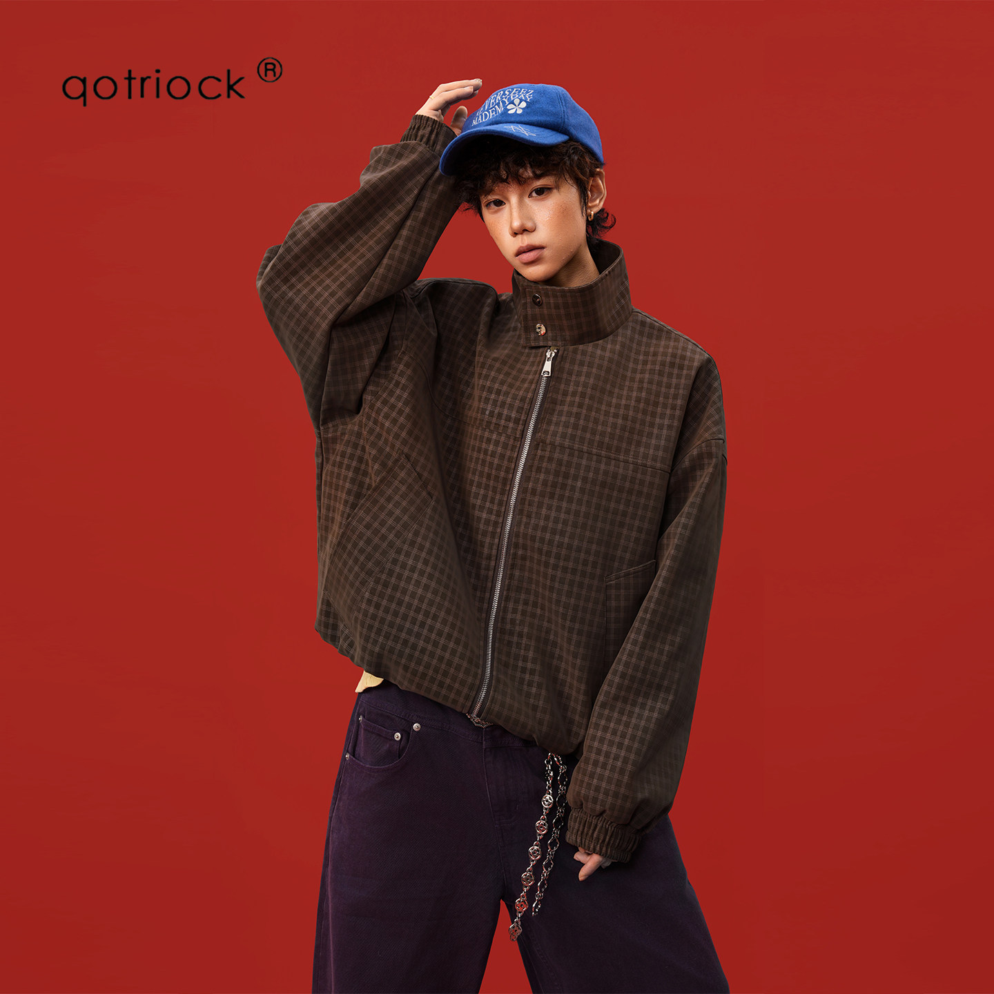 QOTRIOCK美式千鸟格格纹立领夹克图片