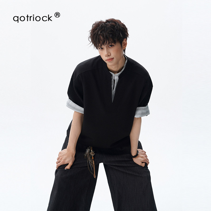 QOTRIOCK老钱风假两件针织短袖男图片