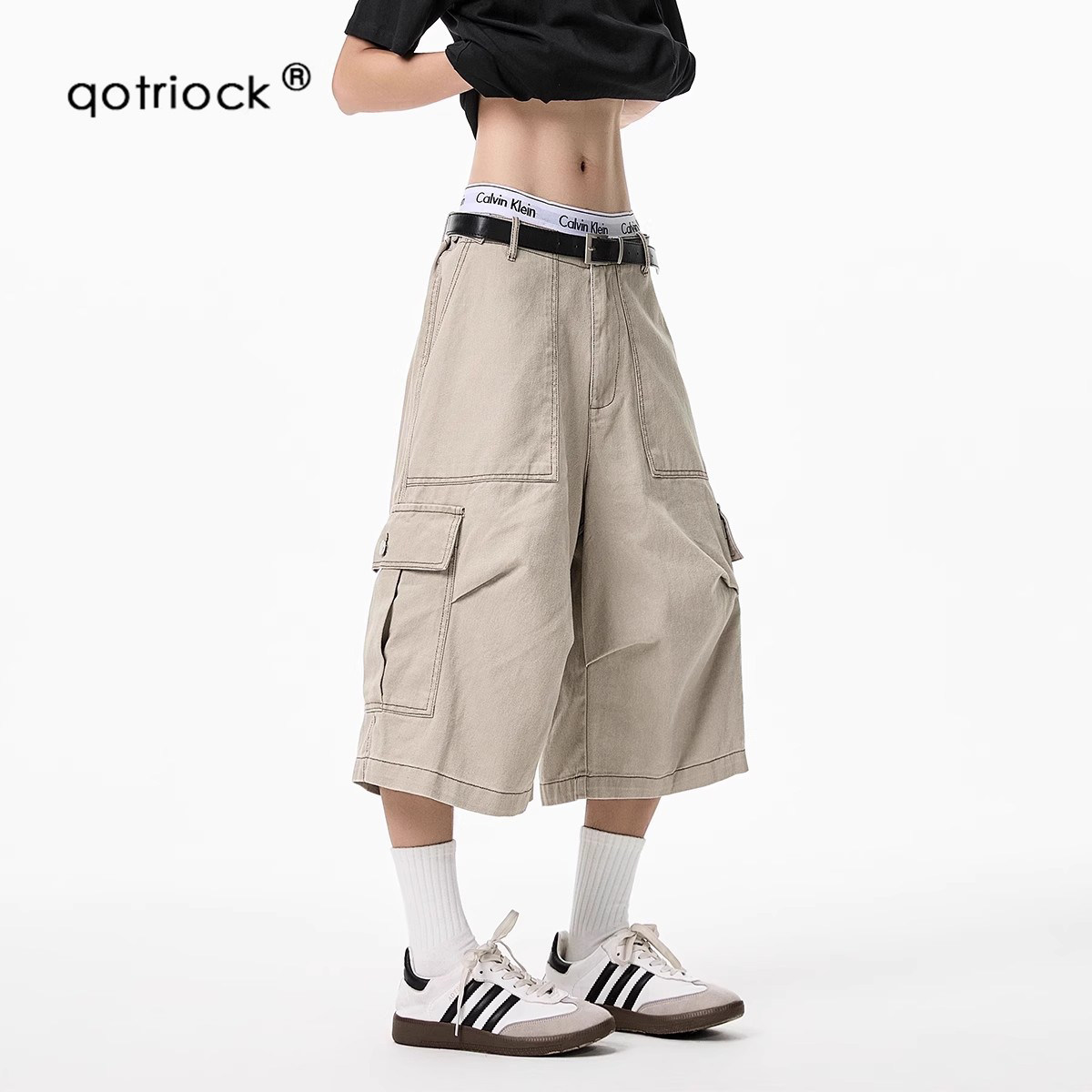 QOTRIOCK美式褶皱多口袋七分裤男图片