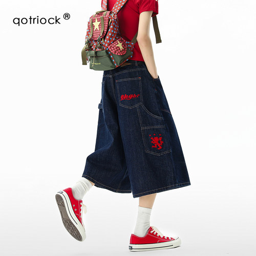 QOTRIOCK美式明线刺绣阔腿七分裤