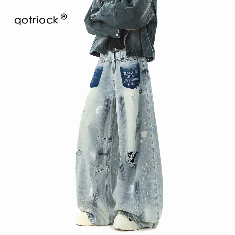 QOTRIOCK设计感涂鸦破洞牛仔裤男图片
