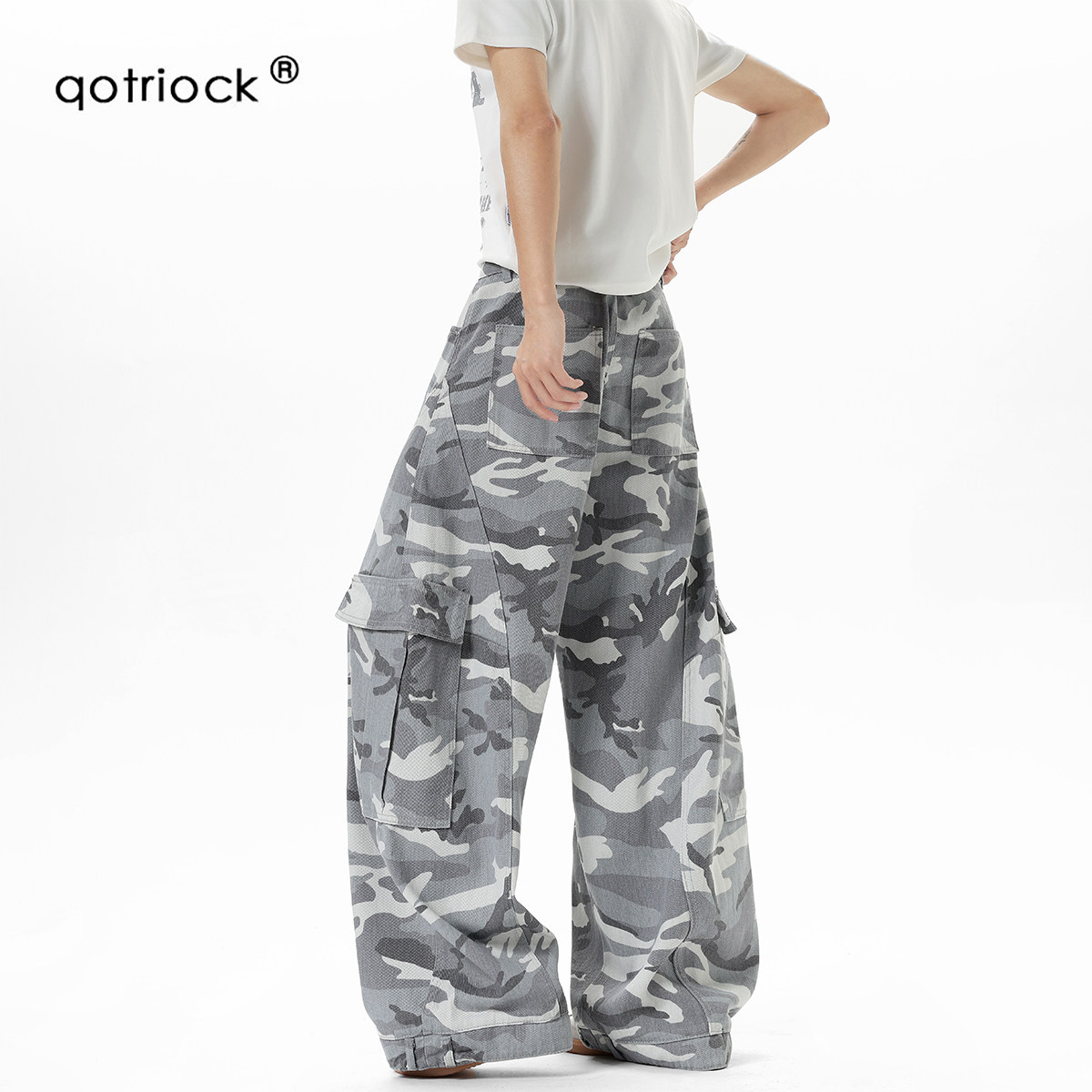 QOTRIOCK美式高街灰白迷彩工装裤图片