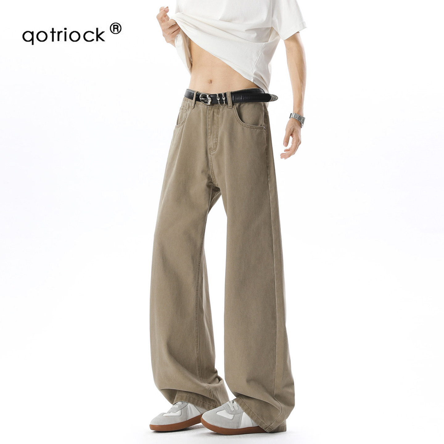 QOTRIOCK美拉德咖色纯棉牛仔裤男图片