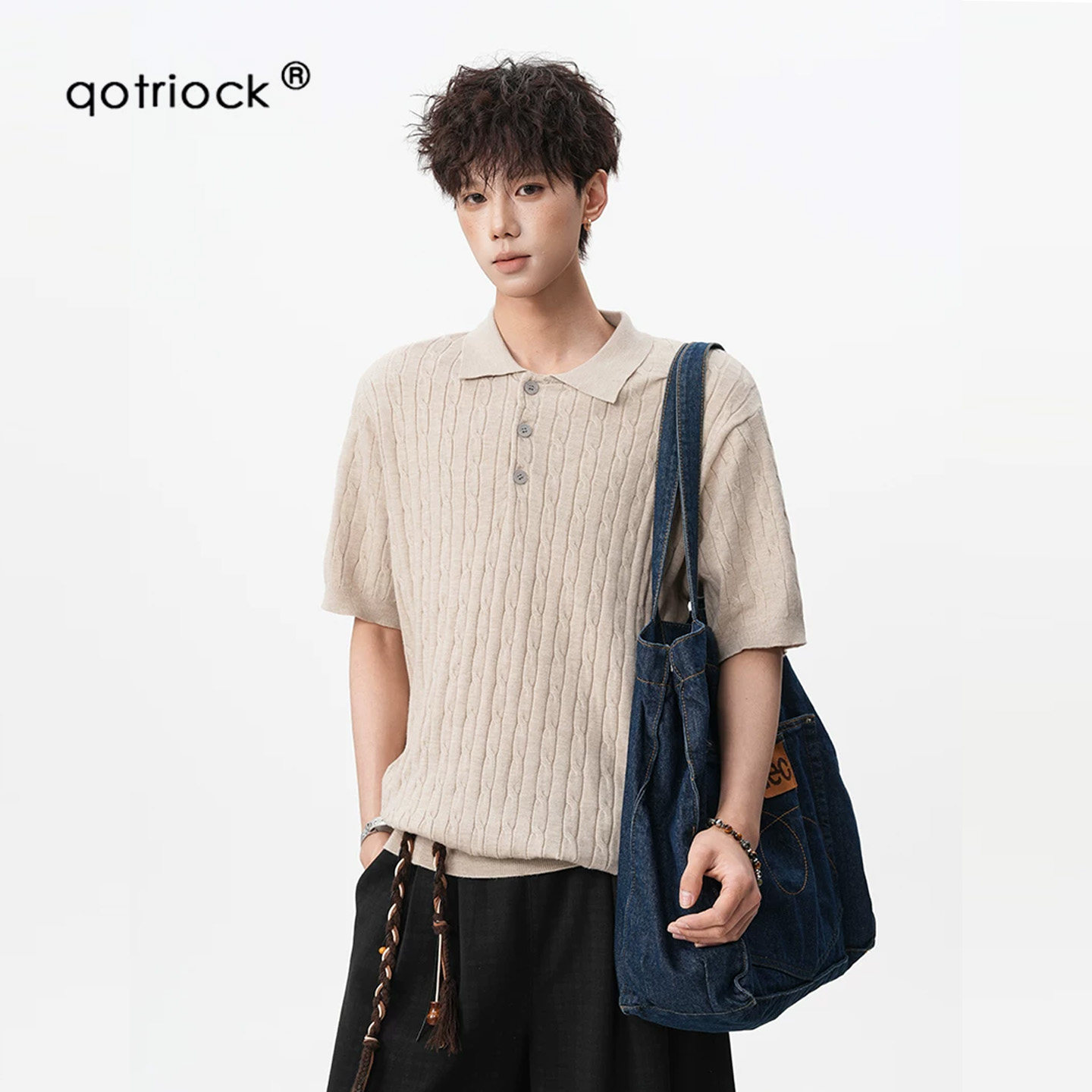 QOTRIOCK麻花肌理感Polo针织短袖图片