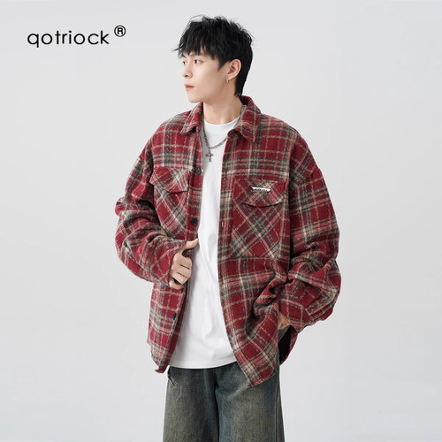 QOTRIOCK美式复古重磅格子衬衫男