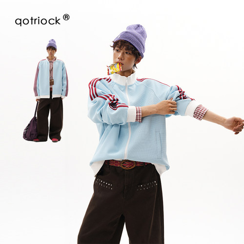 QOTRIOCK美式条纹撞色立领夹克男