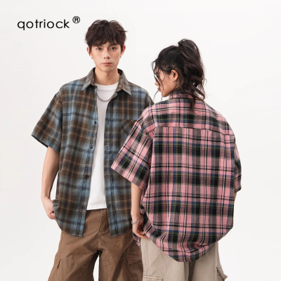 QOTRIOCK美式格纹短袖衬衫男夏季