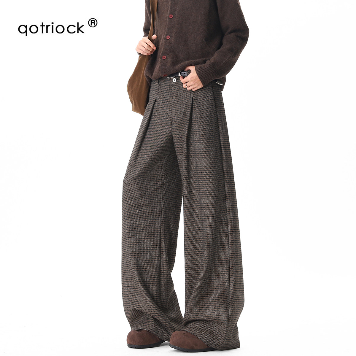 QOTRIOCK美式千鸟格立体褶皱西裤图片