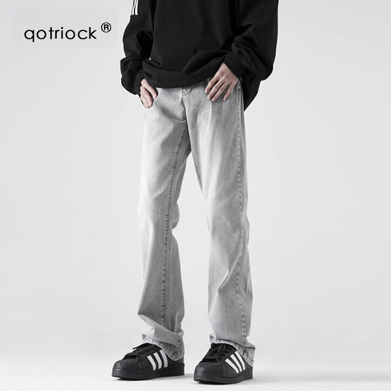 QOTRIOCK水洗烟灰色弹力牛仔裤男