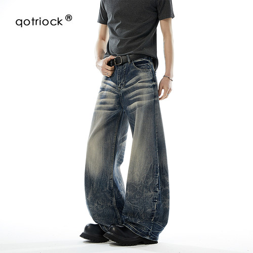 QOTRIOCK美式水洗猫须纹牛仔裤男