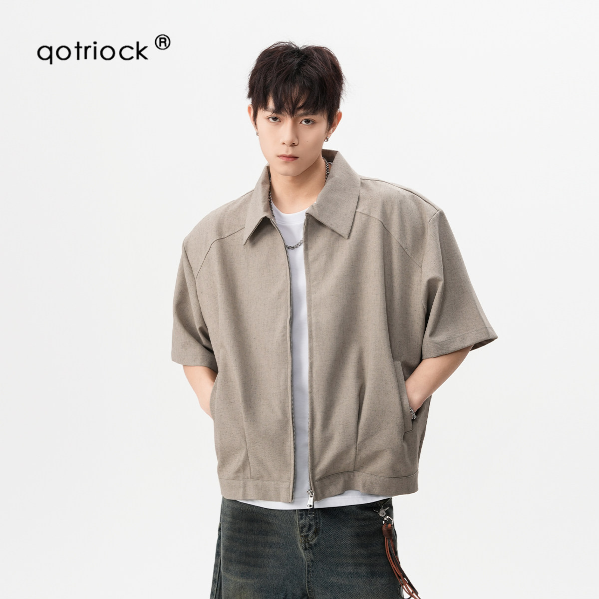 QOTRIOCK美式廓形垫肩短袖外套男图片