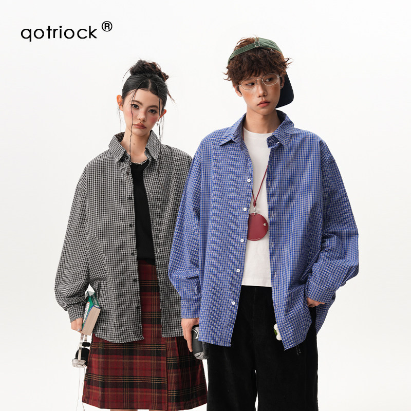 QOTRIOCK慵懒格纹翻领长袖衬衫男图片