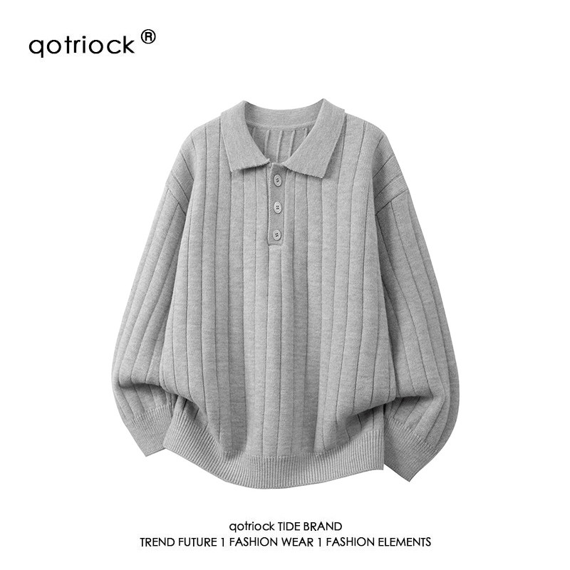 QOTRIOCK老钱风立体条纹翻领毛衣图片