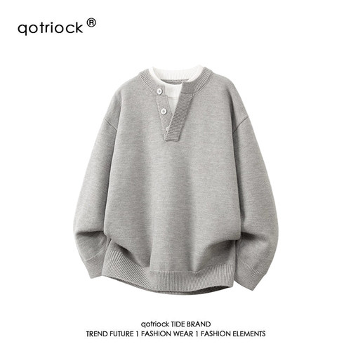 QOTRIOCK日系假两件亨利领毛衣男