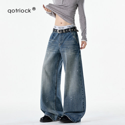 QOTRIOCK美式水洗泼墨牛仔裤男秋