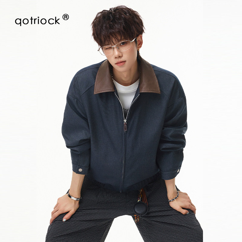 QOTRIOCK美式撞色PU翻领夹克男女图片