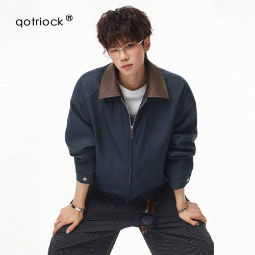 QOTRIOCK美式撞色PU翻领夹克男女