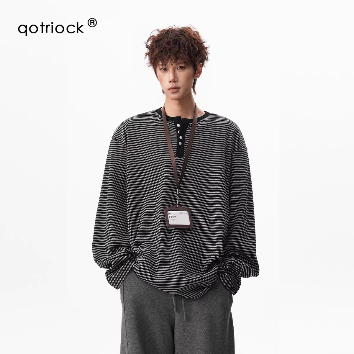 QOTRIOCK复古条纹亨利领长袖T恤图片