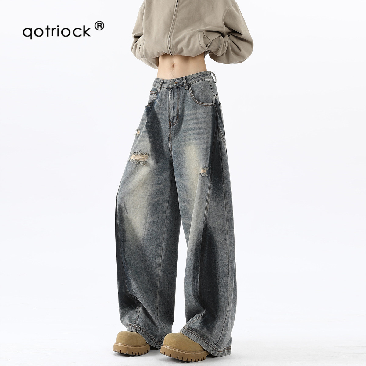 QOTRIOCK美式涂鸦阔腿牛仔裤男秋图片