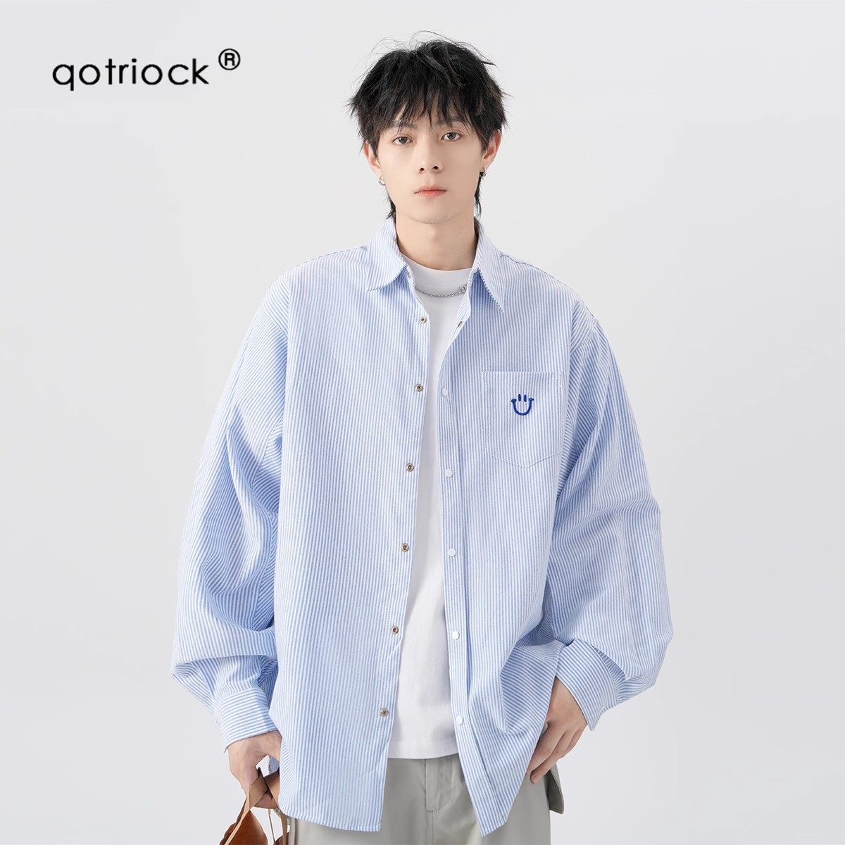QOTRIOCK美式条纹长袖衬衫男夏季图片