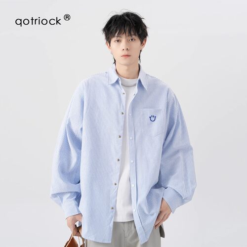 QOTRIOCK美式条纹长袖衬衫男夏季