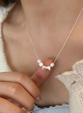 EARMOON 淡水珍珠蝴蝶结项链女法式复古轻奢优雅时尚颈链锁骨链