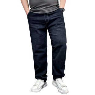 春夏季胖子牛仔裤男款大码宽松直筒加肥加大松紧腰系绳肥佬长裤子