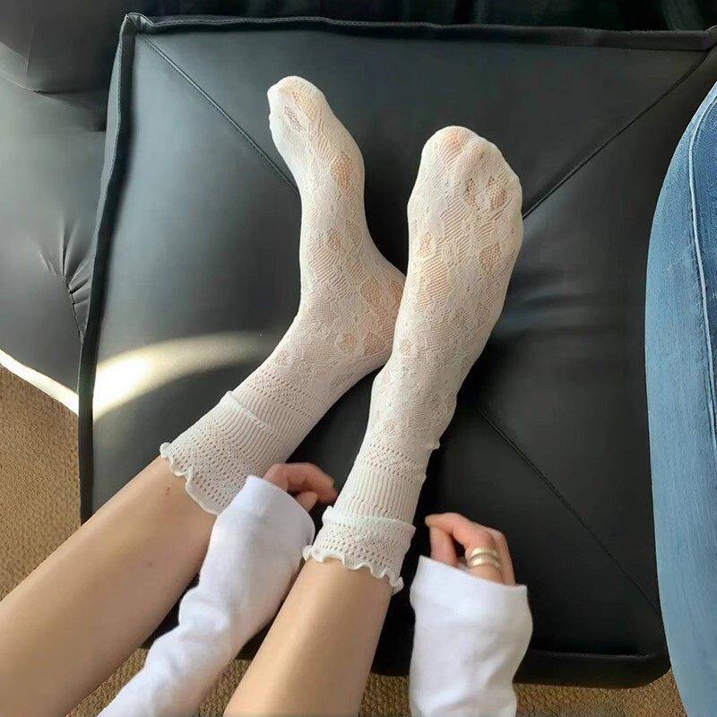白色镂空蕾丝堆堆袜子女芭蕾风夏季薄款中筒花边jk长袜配玛丽珍鞋