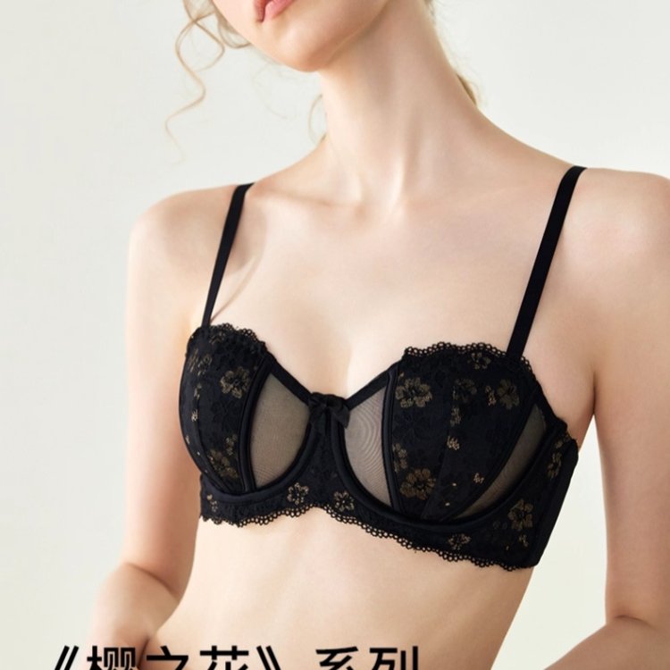 大胸显小胸内衣女聚拢细肩带防下垂夏薄款法式黑色半杯文胸罩钢圈