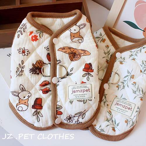 秋冬季宠物衣服小型犬碎花卡通两脚衣复古猫咪狗狗按扣可牵引上衣
