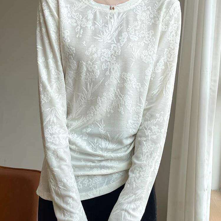 SY-73新中式设计感长袖T恤女白色提花圆领打底衫