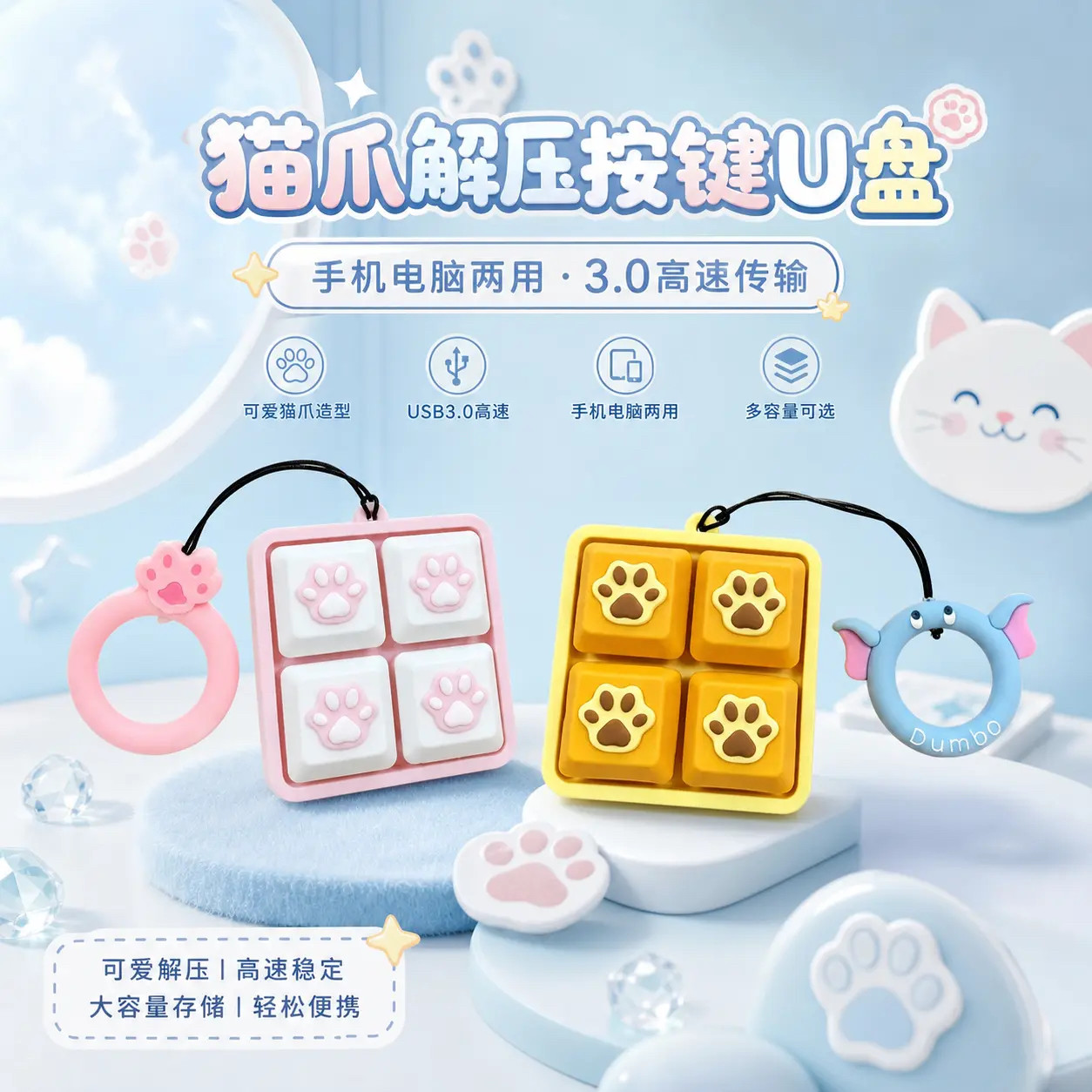 3.0高速传输卡通解压猫爪按键U盘手机电脑两用u盘个性定制logo