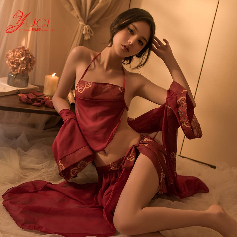 YUCI新中式古典睡裙女2025新款轻纱披肩性感诱惑透视肚兜外袍套装