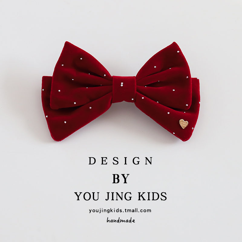 儿童红色丝绒发夹女童蝴蝶结新年头饰女孩节日过年发卡刘海夹发饰