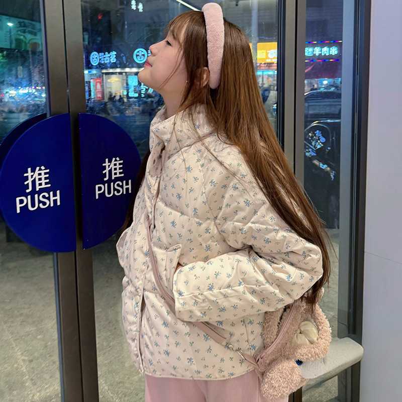 美式短款奶碎花面包棉服女冬季宽松保暖加厚外套棉衣