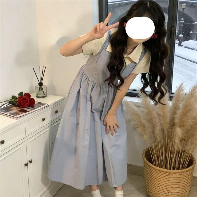新款时尚连衣裙学院风中大童夏季短袖长款收腰拼接假两件裙子女潮