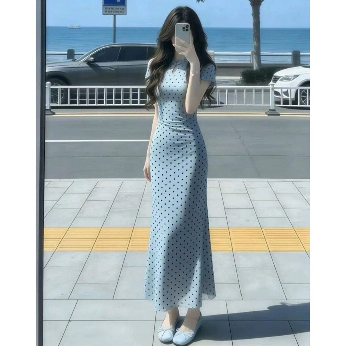 法式蓝色波点短袖旗袍连衣裙女夏季绝美巨好看气质修身包臀长裙子