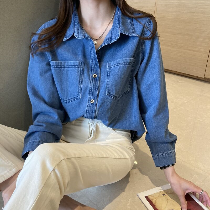 深蓝复古正肩港风软牛仔