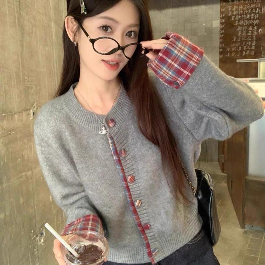 假两件格子拼接针织开衫
